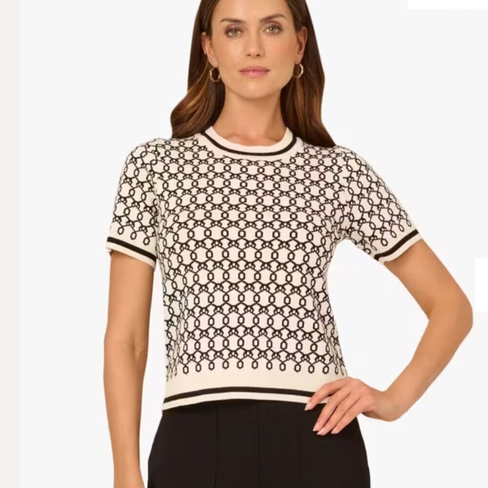 Adrianna Papell Chain Link Short Sleeve Sweater Size Medium Business Casual Prep